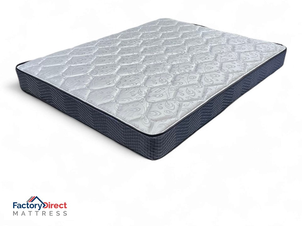 Mattress with a geometric pattern on a white background, featuring 'Factory Direct Mattress' branding.