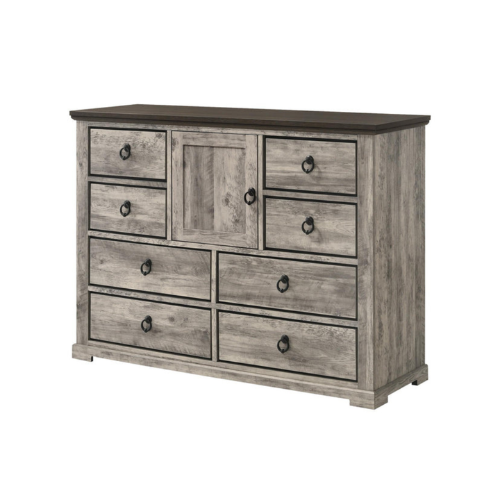 A rustic gray wood dresser with a dark brown top and black metal drawer pulls, shown on a plain white background.