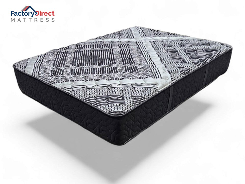 Mattress with black and white patterned cover on a white background, featuring Factory Direct Mattress branding.